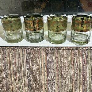 Set of 4 Green Gold Cera Glass Grape Leaf Short Bourbon Rocks Glasses